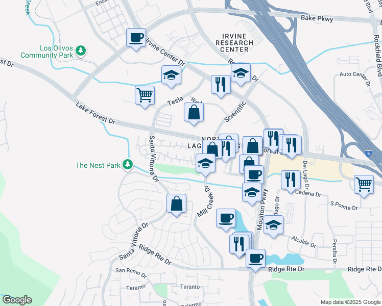 map of restaurants, bars, coffee shops, grocery stores, and more near 22996 Caminito Mar in Laguna Hills
