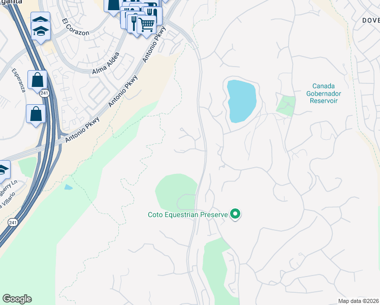 map of restaurants, bars, coffee shops, grocery stores, and more near 31102 Vía Peralta in Coto de Caza