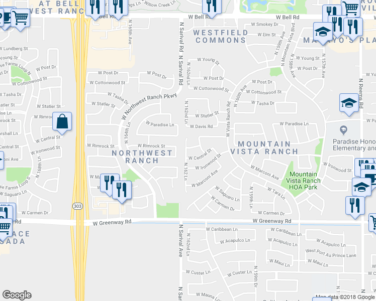 map of restaurants, bars, coffee shops, grocery stores, and more near 16243 West Rimrock Street in Surprise