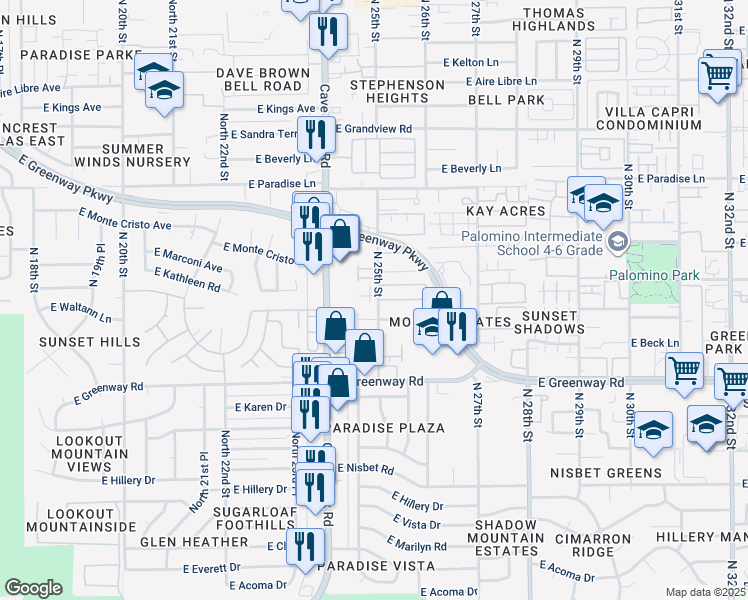 map of restaurants, bars, coffee shops, grocery stores, and more near 2439 East Waltann Lane in Phoenix