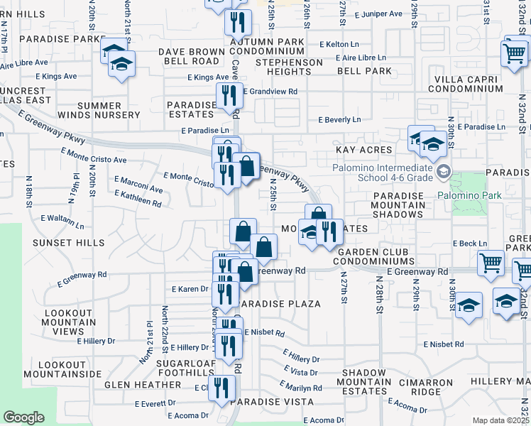 map of restaurants, bars, coffee shops, grocery stores, and more near 2439 East Waltann Lane in Phoenix