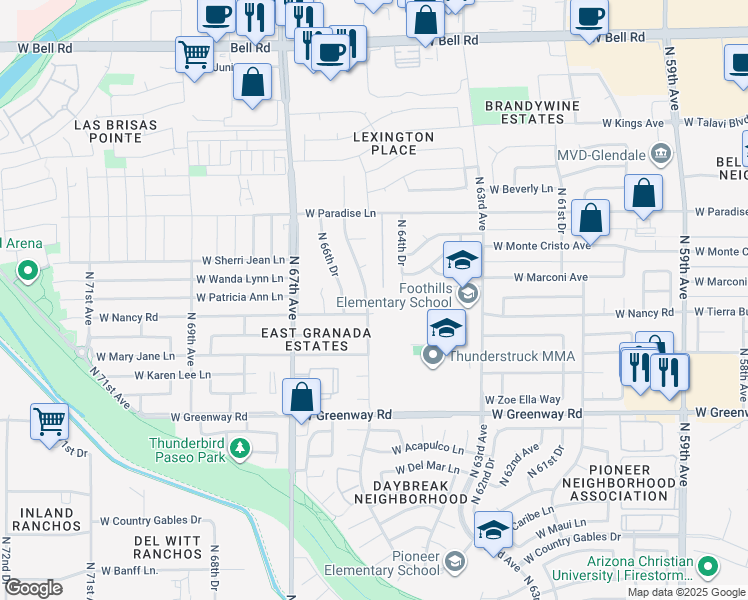 map of restaurants, bars, coffee shops, grocery stores, and more near 6535 West Nancy Road in Glendale