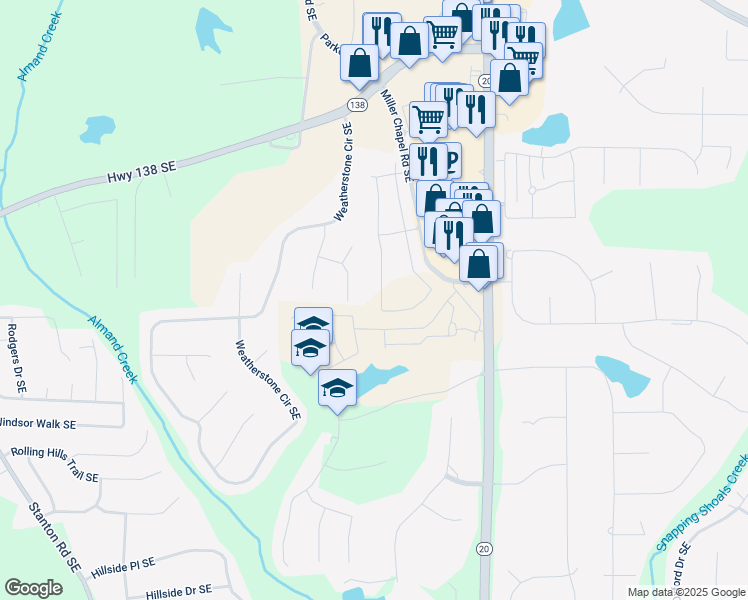 map of restaurants, bars, coffee shops, grocery stores, and more near 2108 Boxwood Circle in Conyers