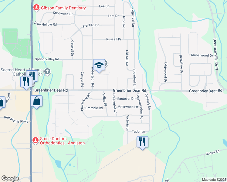map of restaurants, bars, coffee shops, grocery stores, and more near 1408 Greenbrier Lane in Anniston