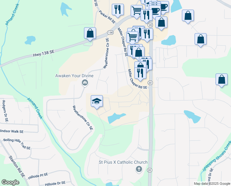 map of restaurants, bars, coffee shops, grocery stores, and more near 2108 Boxwood Circle in Conyers