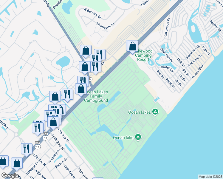 map of restaurants, bars, coffee shops, grocery stores, and more near S-22 West Sand Lapper Drive in Myrtle Beach