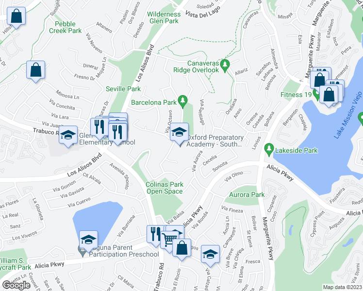 map of restaurants, bars, coffee shops, grocery stores, and more near 23000 Via Santa Maria in Mission Viejo