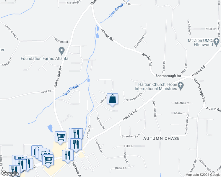 map of restaurants, bars, coffee shops, grocery stores, and more near 235 Victoria Drive in Ellenwood