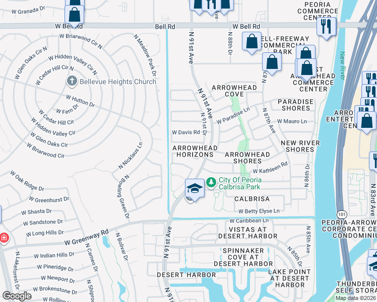 map of restaurants, bars, coffee shops, grocery stores, and more near 9141 West Marconi Avenue in Peoria