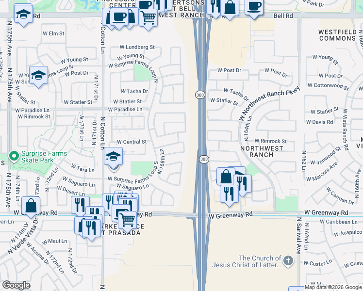 map of restaurants, bars, coffee shops, grocery stores, and more near 16829 West Marconi Avenue in Surprise