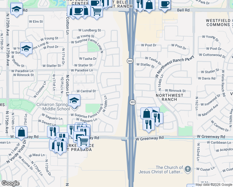 map of restaurants, bars, coffee shops, grocery stores, and more near 16829 West Marconi Avenue in Surprise