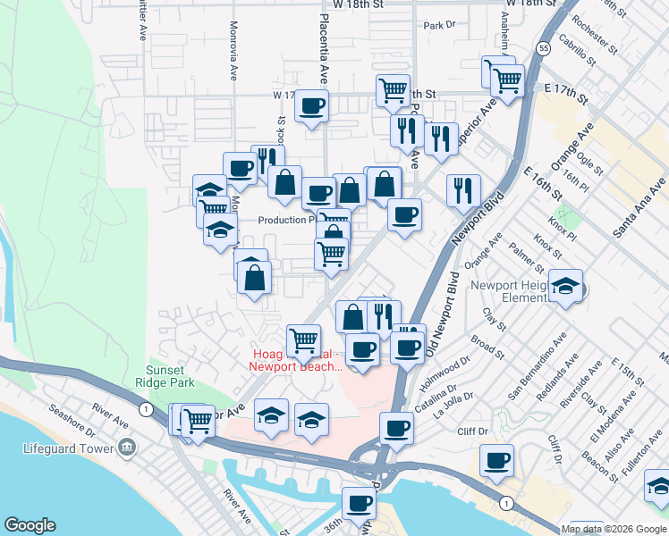 map of restaurants, bars, coffee shops, grocery stores, and more near 1501 Superior Avenue in Newport Beach