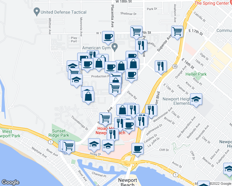 map of restaurants, bars, coffee shops, grocery stores, and more near 1501 Superior Avenue in Newport Beach