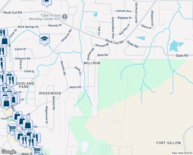 map of restaurants, bars, coffee shops, grocery stores, and more near 4596 Ryan Road in Conley