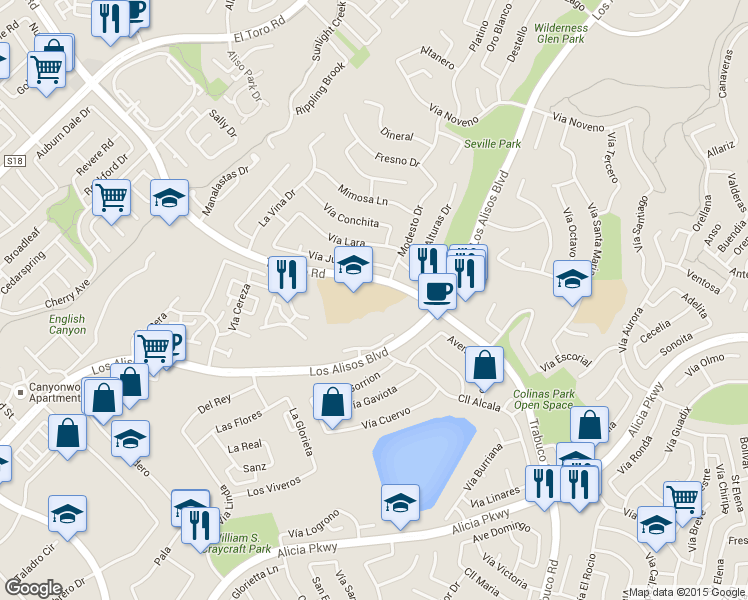map of restaurants, bars, coffee shops, grocery stores, and more near 26400 Trabuco Road in Mission Viejo
