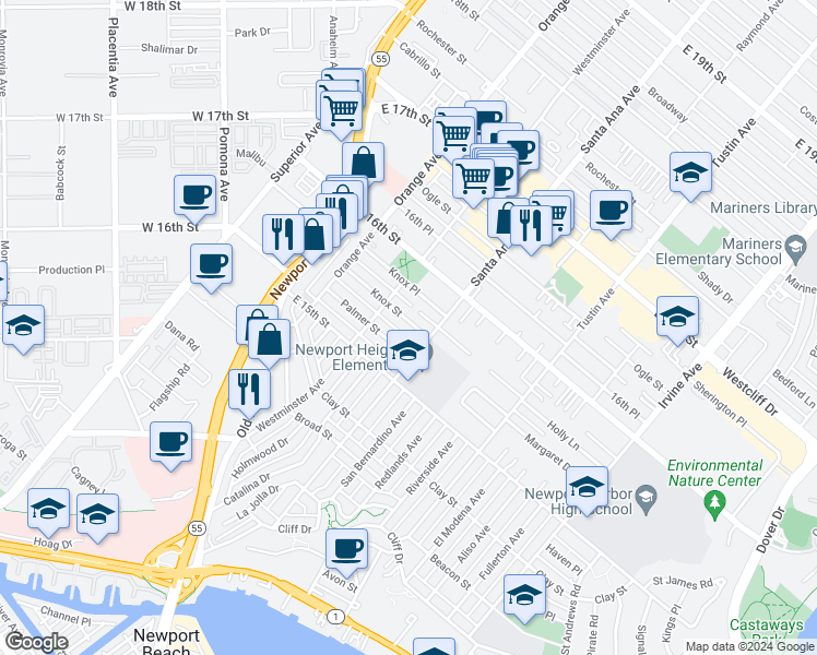 map of restaurants, bars, coffee shops, grocery stores, and more near 271 Knox Street in Costa Mesa