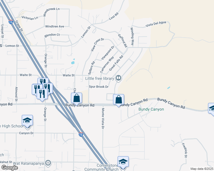 map of restaurants, bars, coffee shops, grocery stores, and more near 33841 Breckenridge Trail in Wildomar