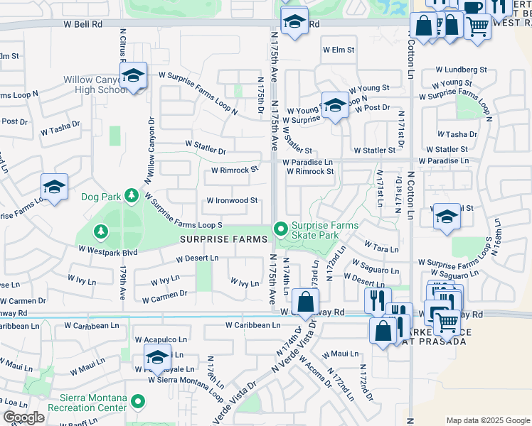 map of restaurants, bars, coffee shops, grocery stores, and more near 15913 North 175th Drive in Surprise