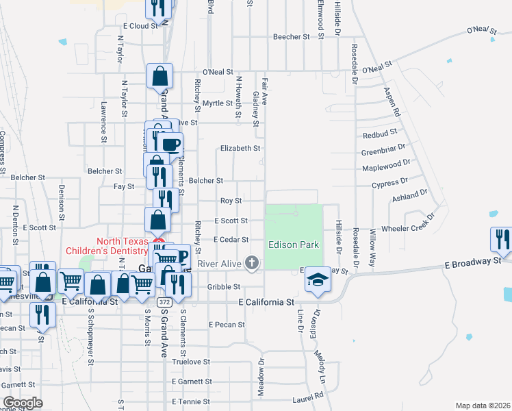 map of restaurants, bars, coffee shops, grocery stores, and more near 1609 East Scott Street in Gainesville