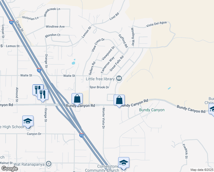map of restaurants, bars, coffee shops, grocery stores, and more near 33841 Breckenridge Trail in Wildomar