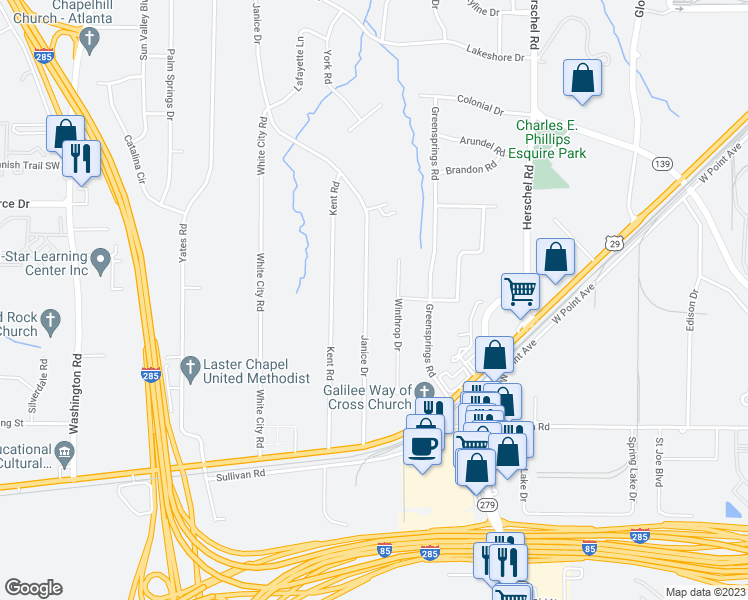 map of restaurants, bars, coffee shops, grocery stores, and more near 4660 Janice Drive in College Park