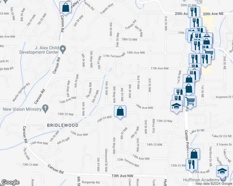 map of restaurants, bars, coffee shops, grocery stores, and more near 1617 4th Way Northwest in Center Point