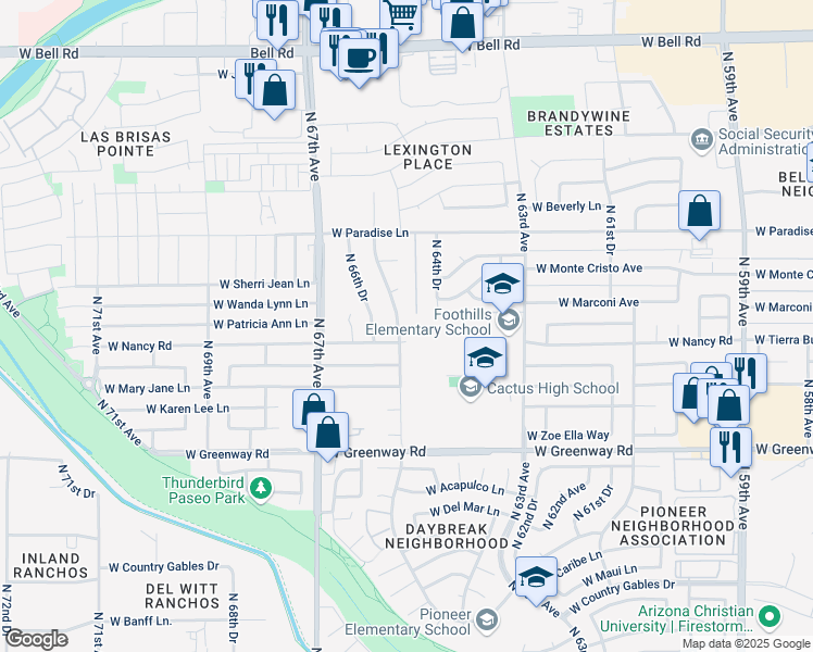 map of restaurants, bars, coffee shops, grocery stores, and more near 6535 West Nancy Road in Glendale