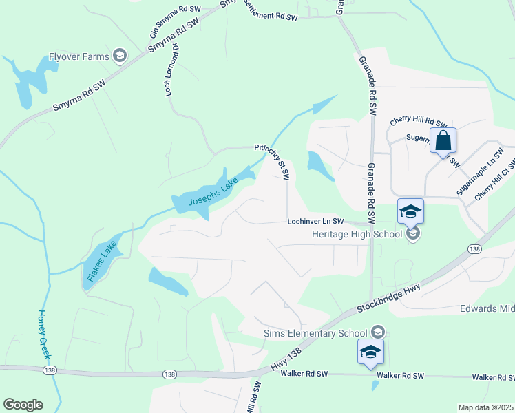 map of restaurants, bars, coffee shops, grocery stores, and more near 2327 Lochinver Lane Southwest in Conyers