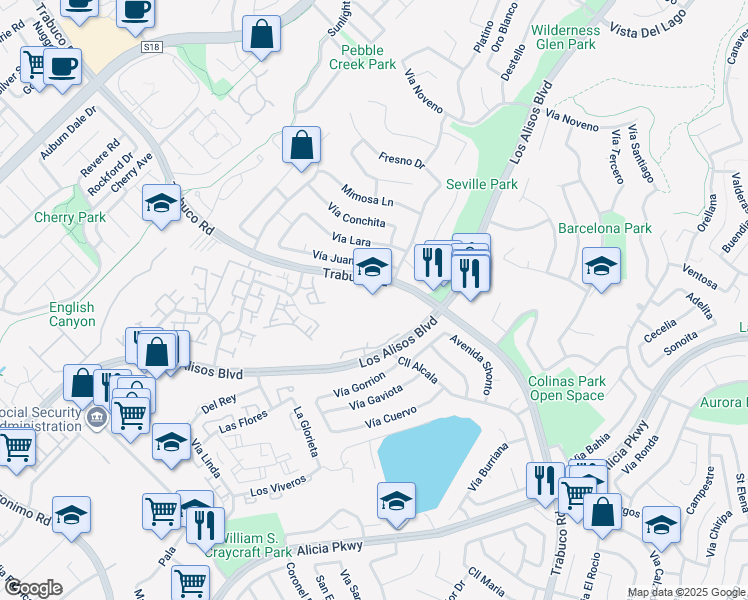 map of restaurants, bars, coffee shops, grocery stores, and more near 26400 Trabuco Road in Mission Viejo