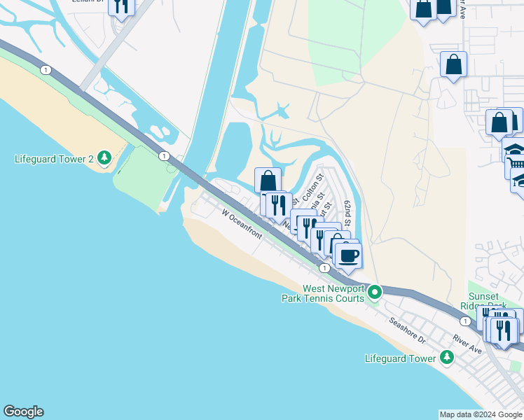 map of restaurants, bars, coffee shops, grocery stores, and more near 210 Grant Street in Newport Beach