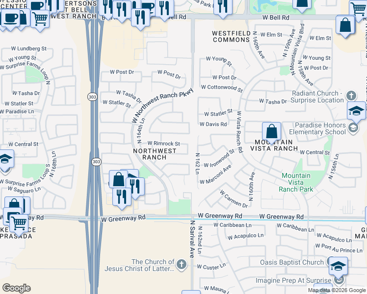map of restaurants, bars, coffee shops, grocery stores, and more near 16323 West Monte Cristo Avenue in Surprise