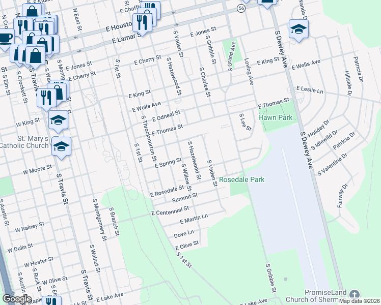 map of restaurants, bars, coffee shops, grocery stores, and more near 1011 South Hazelwood Street in Sherman