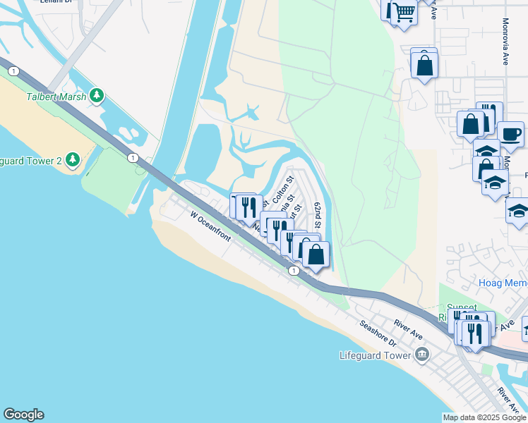 map of restaurants, bars, coffee shops, grocery stores, and more near 301 Canal Street in Newport Beach