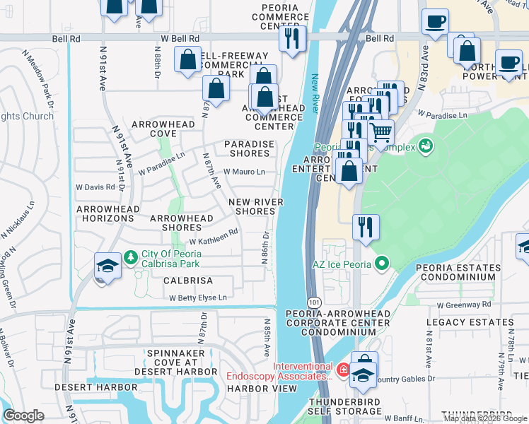 map of restaurants, bars, coffee shops, grocery stores, and more near 8638 West Fargo Drive in Peoria