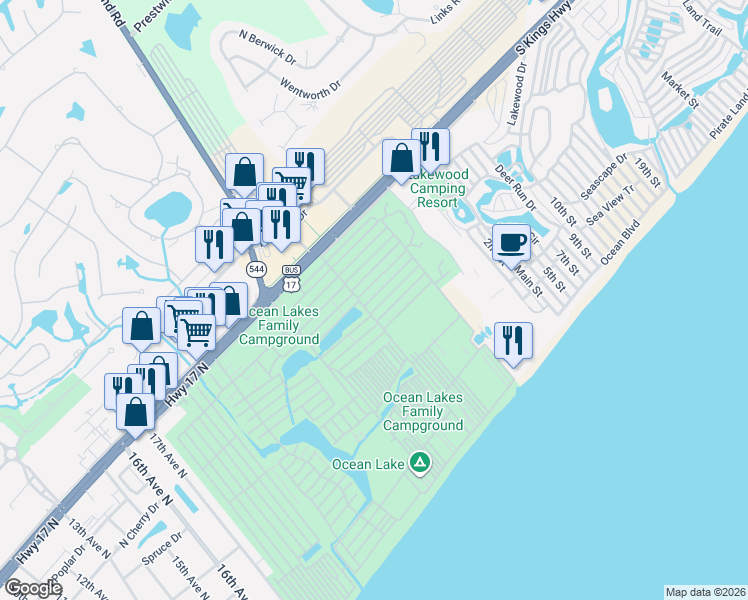 map of restaurants, bars, coffee shops, grocery stores, and more near 5433 SandlakeCourt in Myrtle Beach