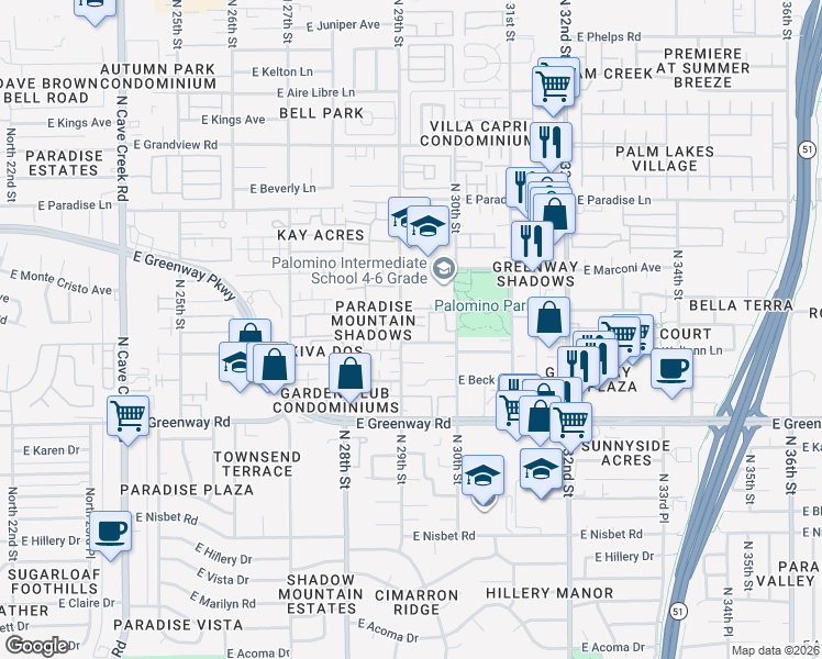map of restaurants, bars, coffee shops, grocery stores, and more near 15636 North 29th Street in Phoenix