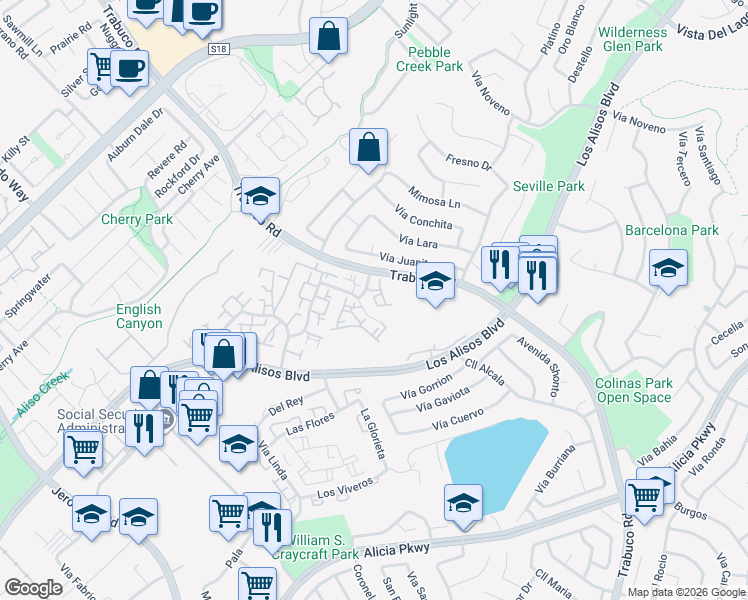 map of restaurants, bars, coffee shops, grocery stores, and more near 23004 Vía Nuez in Mission Viejo
