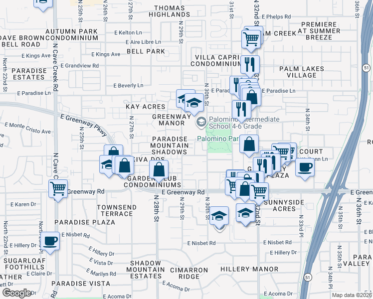 map of restaurants, bars, coffee shops, grocery stores, and more near 15636 North 29th Street in Phoenix