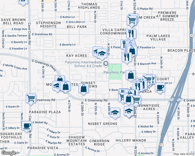 map of restaurants, bars, coffee shops, grocery stores, and more near 15636 North 29th Street in Phoenix