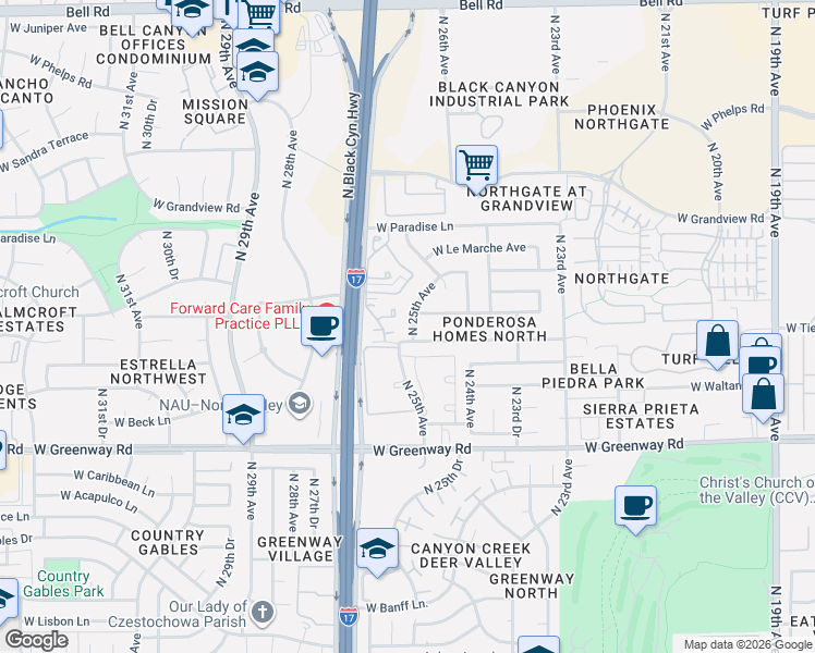 map of restaurants, bars, coffee shops, grocery stores, and more near 2540 West Kathleen Road in Phoenix
