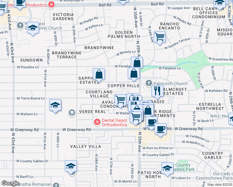 map of restaurants, bars, coffee shops, grocery stores, and more near 3625 West Monte Cristo Avenue in Phoenix