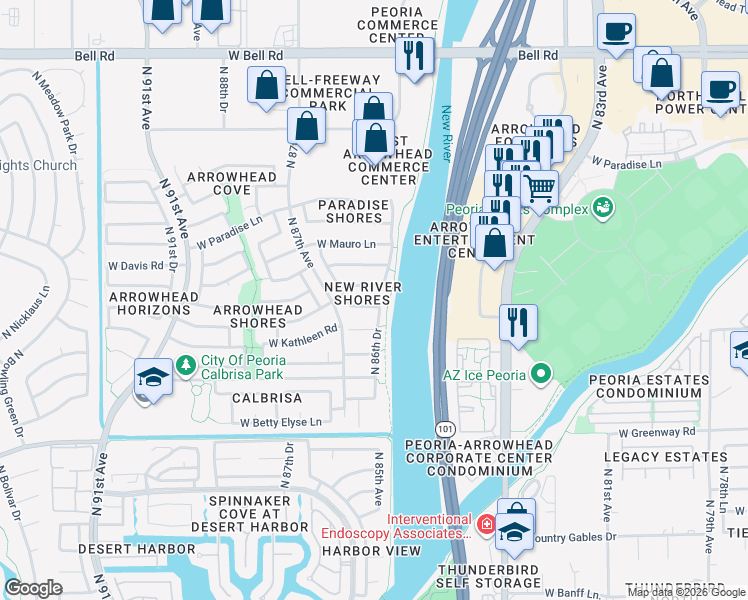 map of restaurants, bars, coffee shops, grocery stores, and more near 8638 West Fargo Drive in Peoria