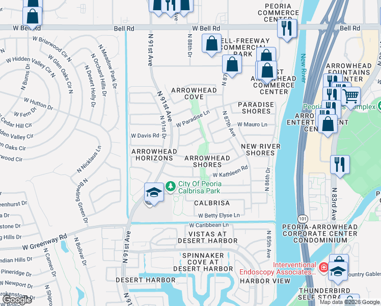 map of restaurants, bars, coffee shops, grocery stores, and more near 8930 West Lockland Court in Peoria