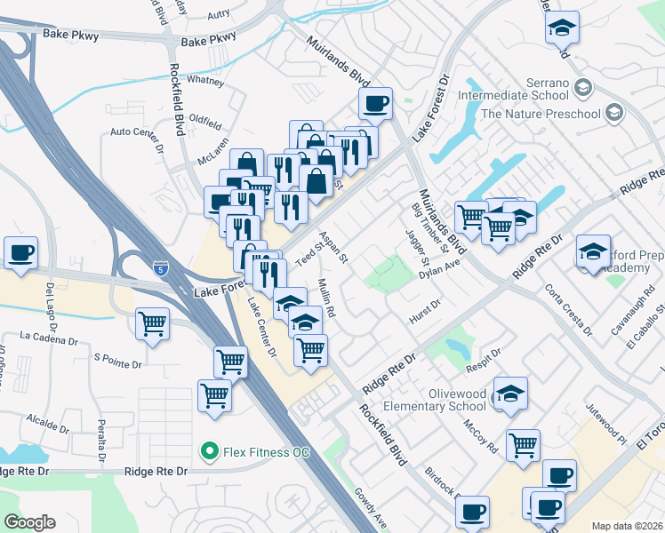 map of restaurants, bars, coffee shops, grocery stores, and more near 23881 Gates Street in Lake Forest