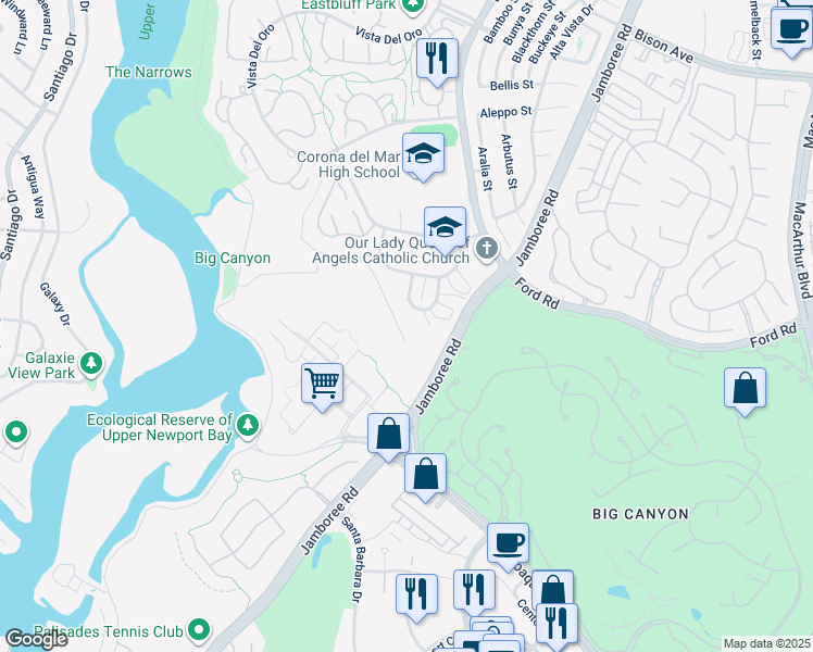 map of restaurants, bars, coffee shops, grocery stores, and more near 721 Amigos Way in Newport Beach