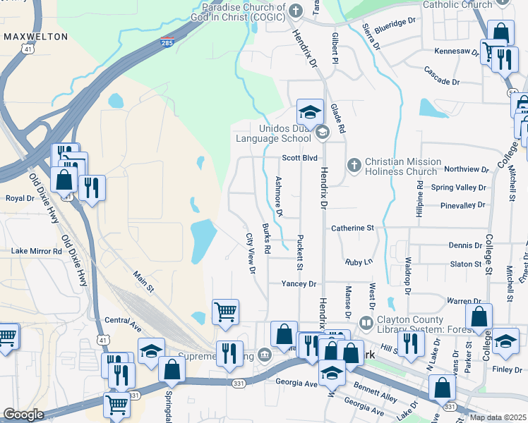 map of restaurants, bars, coffee shops, grocery stores, and more near 4583 Ashmore Drive in Forest Park
