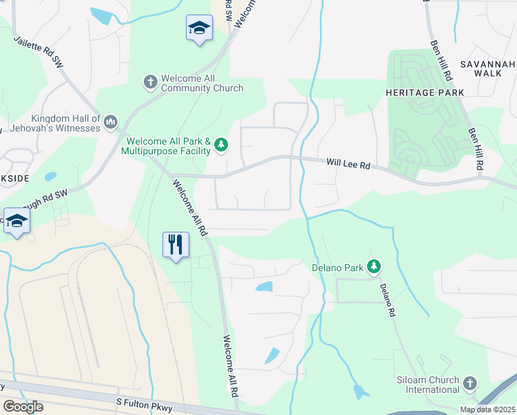 map of restaurants, bars, coffee shops, grocery stores, and more near 4600 Fradon Court Southwest in Atlanta
