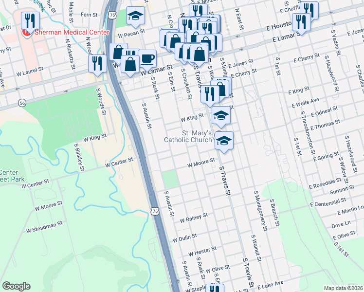 map of restaurants, bars, coffee shops, grocery stores, and more near 700 South Elm Street in Sherman