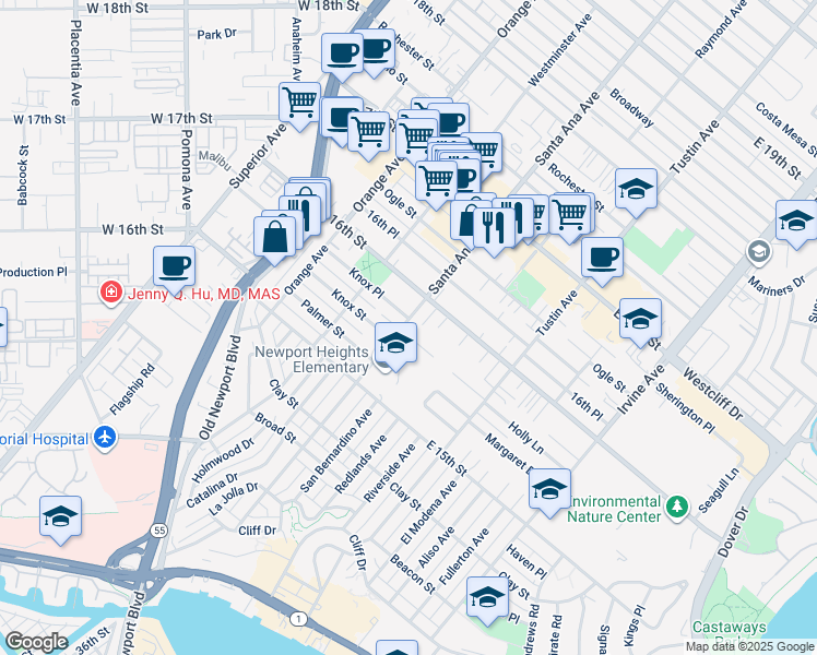 map of restaurants, bars, coffee shops, grocery stores, and more near 302 Ramona Place in Costa Mesa
