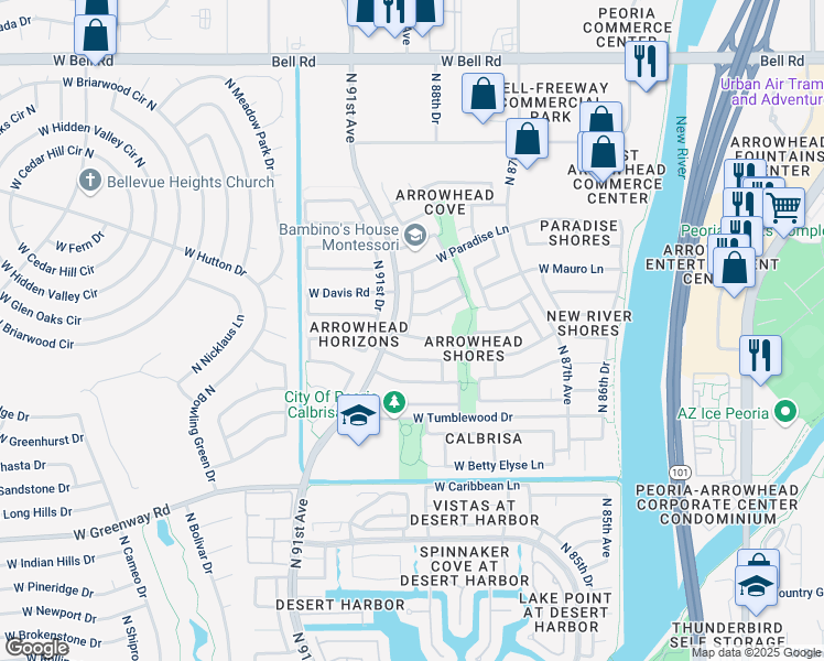 map of restaurants, bars, coffee shops, grocery stores, and more near 16020 North 90th Avenue in Peoria